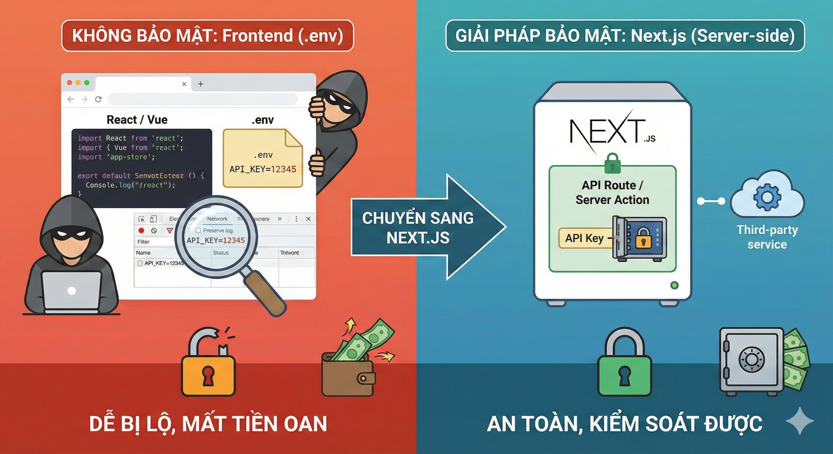 Đừng để "Bay Màu" tài khoản vì đặt API Key ở Frontend: Tại sao Next.js là chân ái?